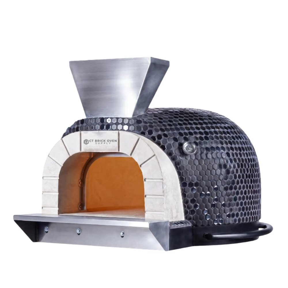 R-65 Built-In Wood-Fired Oven with black hexagonal mosaic and stainless steel landing